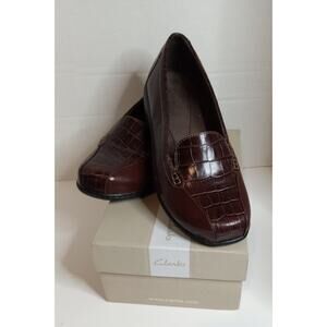 NIB CLARKS BAYOU Women Shoes Loafers Brown Leather Croc Embossed Bendables Q 8ww